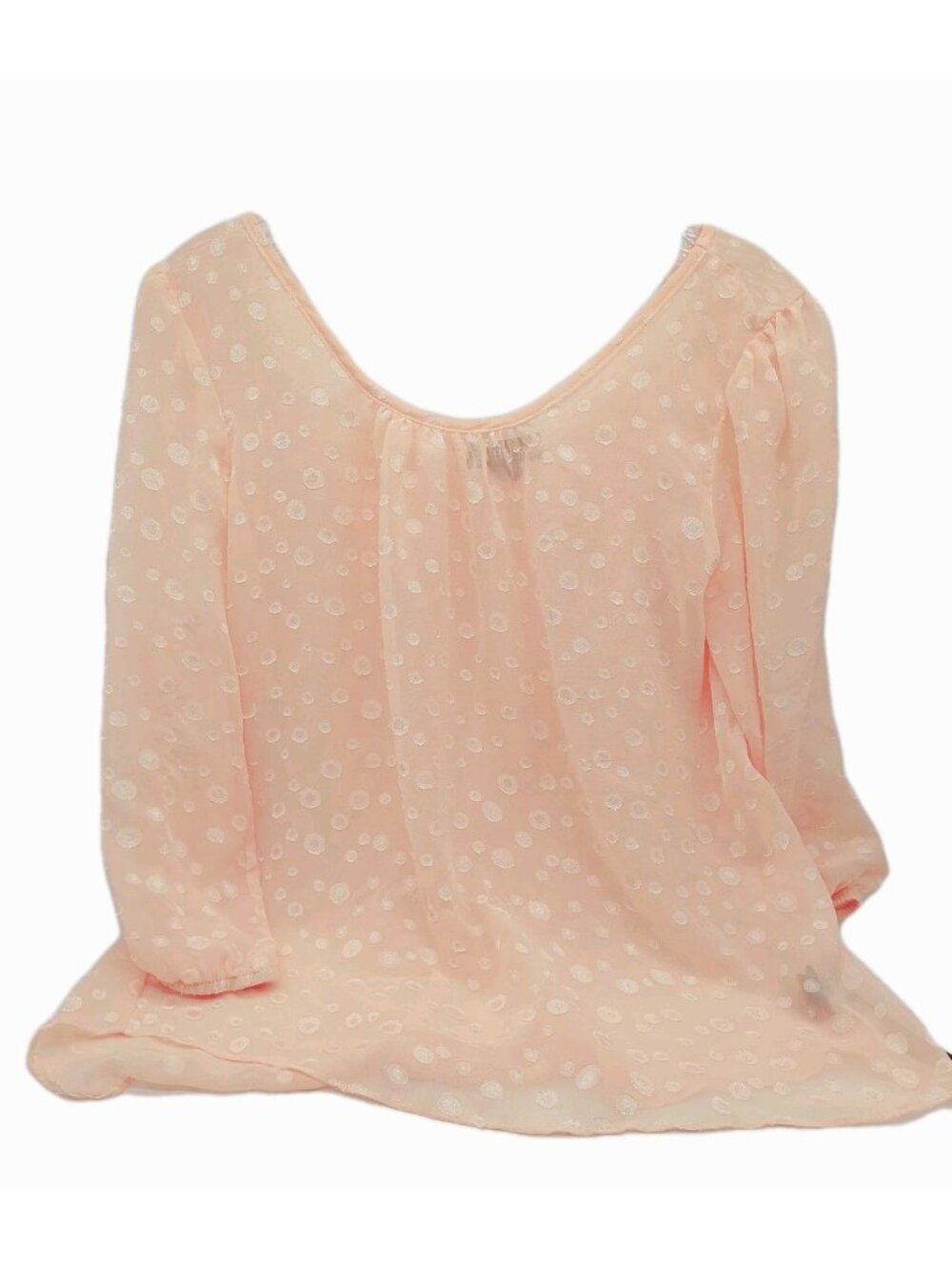A. Byer Blouse Shirt Peach Size Small Dots Bow Accents Semi Sheer